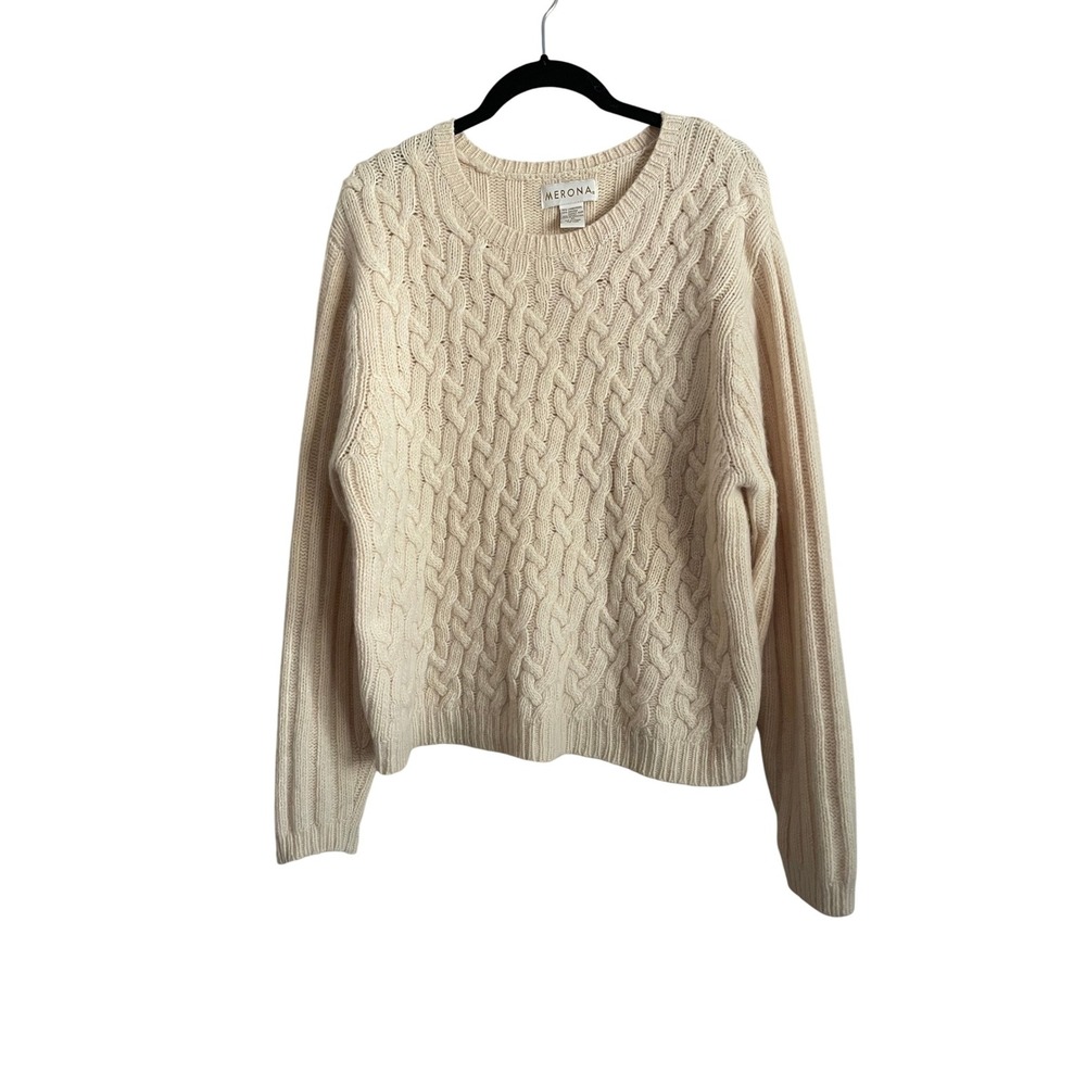 VTG Y2K 90s MERONA Cream Cable Knit Lambswool Angora Chunky Sweater XL Fisherman